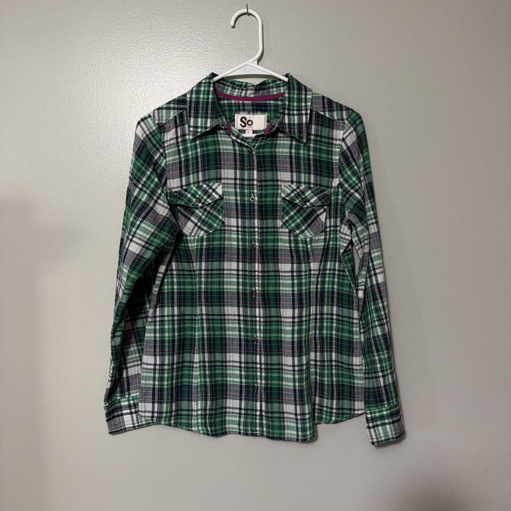 SO Women's Plaid Button Down Shirt L Green Pink Long Sleeve Casual Fall